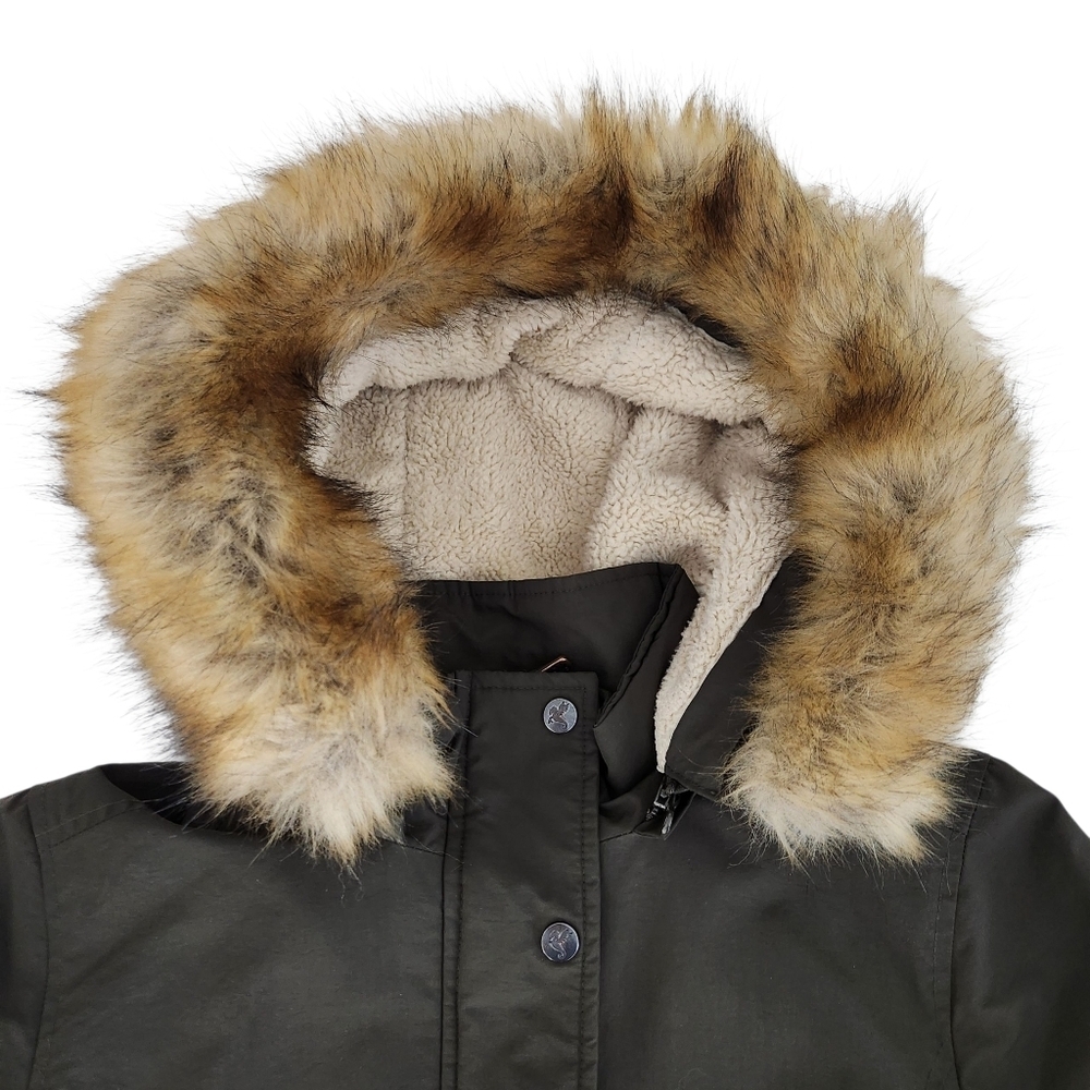 PUFFA Olive Green Faux-Fur Trim Parka Coat small - Picture 5 of 16